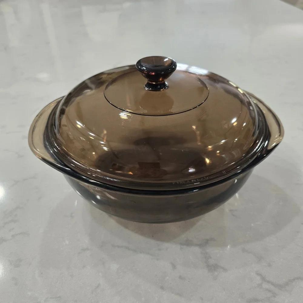 Pyrex Fireside Smoked Glass Casserole Dish with Lid 1.5L Round 623-B Vintage
